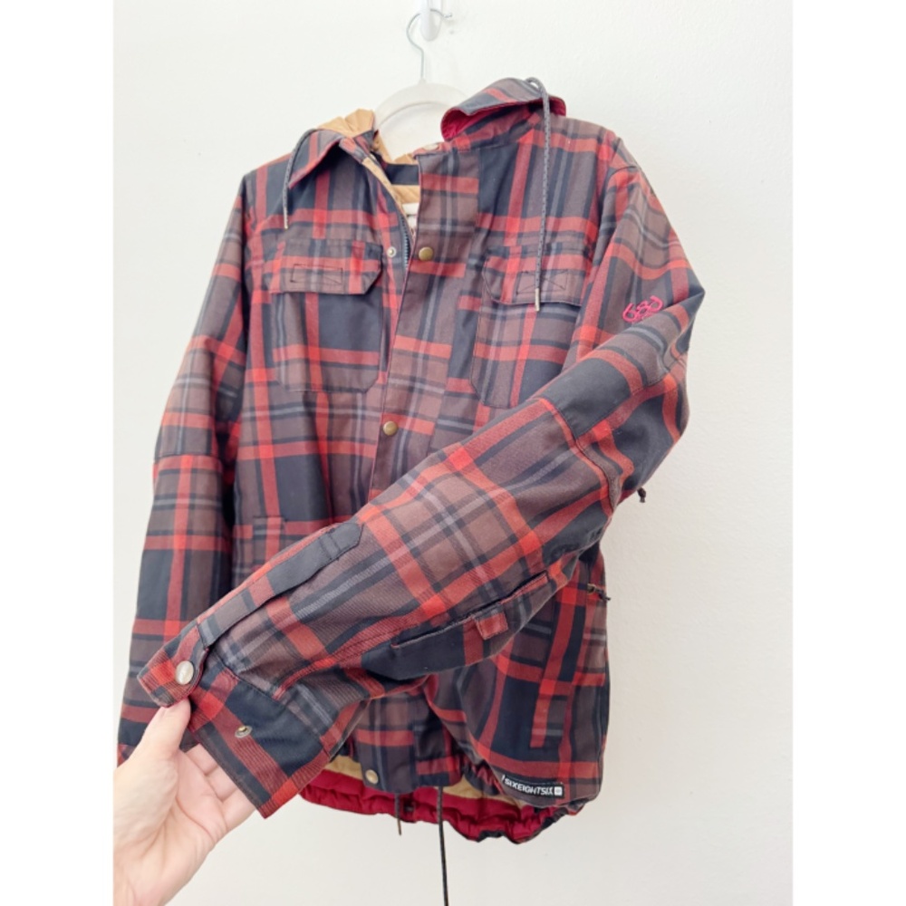 686 Woodland Insulated 10K Plaid Snowboard Ski Jacket Red Brown Black - Picture 12 of 12